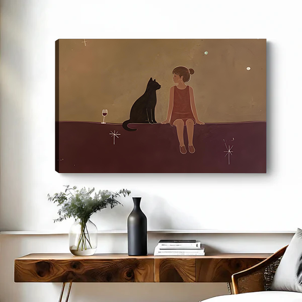 Gallery-wrap girl and black cat starry night canvas wall art above a wood console table and vase