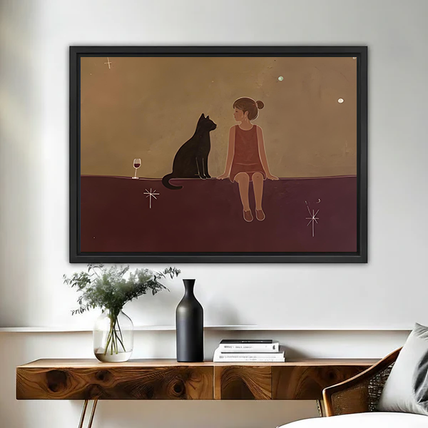 Framed minimalist girl and black cat starry night canvas wall art above a wood console with flowers