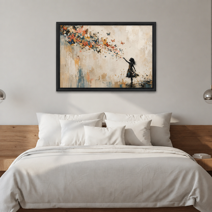 Framed girl and butterfly canvas above a bed with white linens.