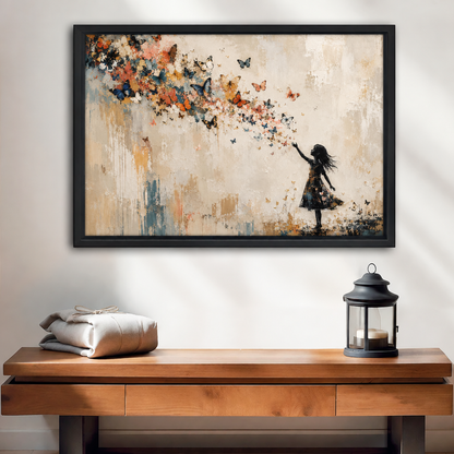 Framed girl and butterfly canvas above a wooden console.