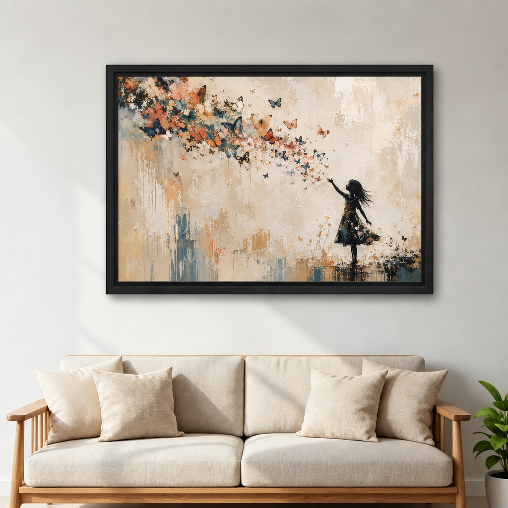  Framed girl and butterfly canvas above a cream sofa.