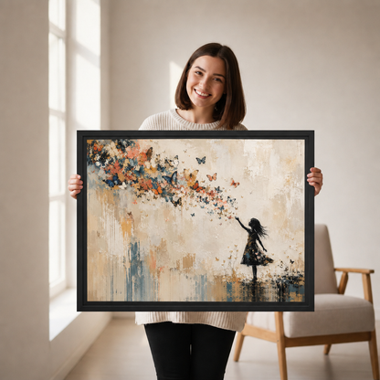 Woman holding framed girl and butterfly canvas wall art.