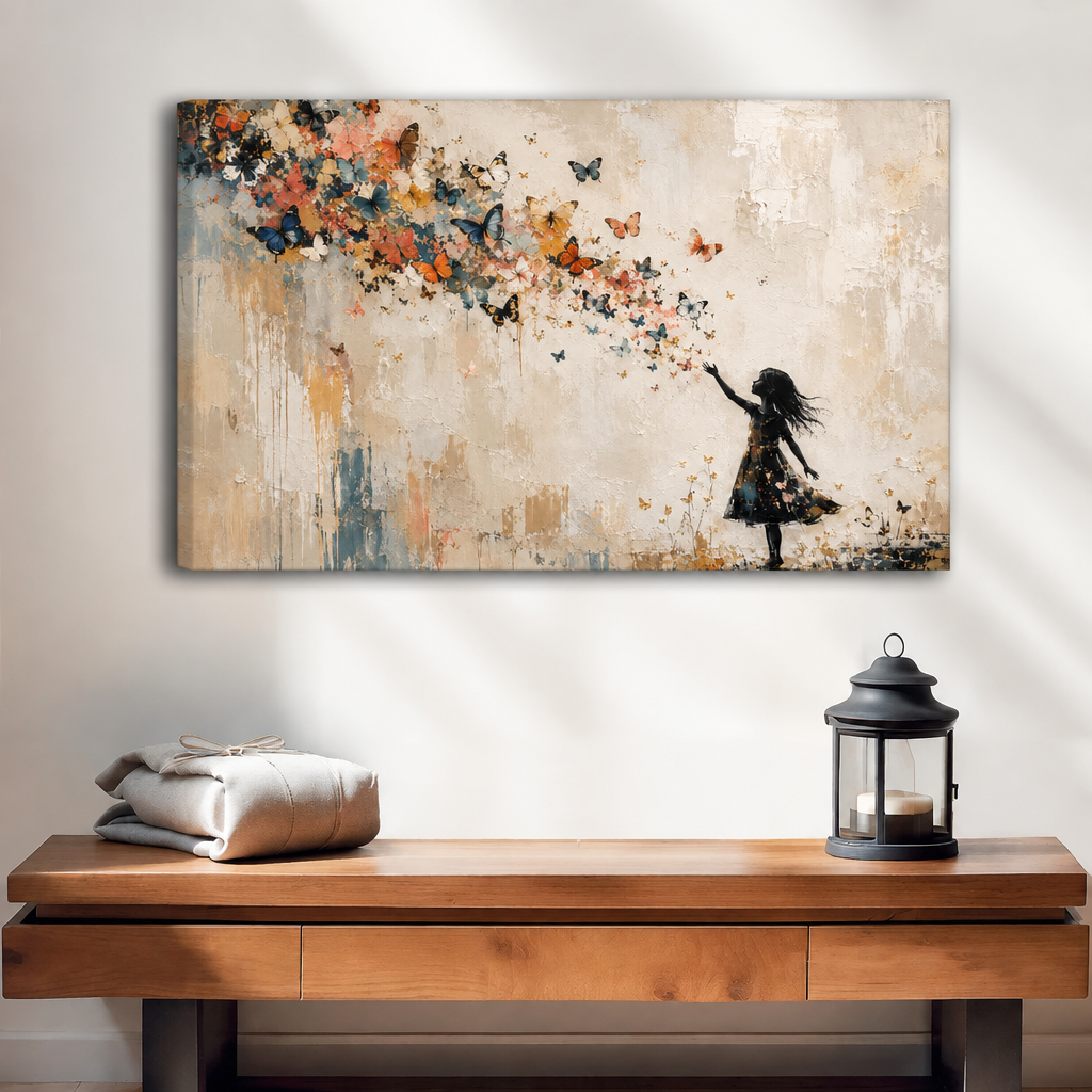  Unframed girl and butterfly canvas with colorful butterflies on a cream background.