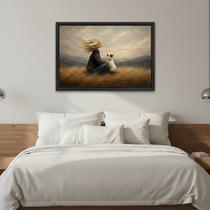 Painterly girl and cat canvas print in black frame above a bed with white bedding in a cozy bedroom