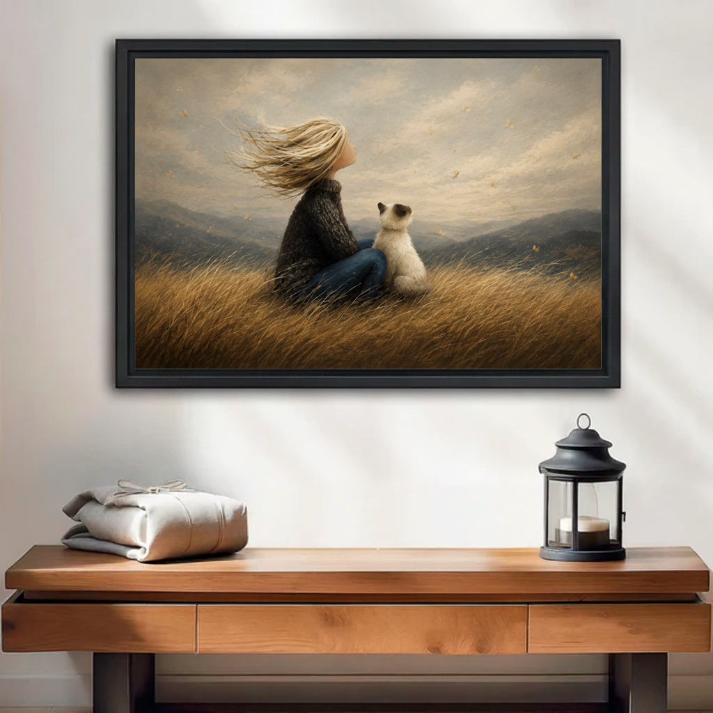 Black framed girl and cat autumn meadow canvas wall art hanging above a wooden console table in a minimal entryway