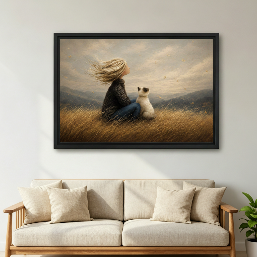 Painterly girl and cat autumn meadow framed canvas wall art displayed in a bright living room above a gray sofa