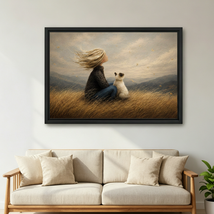 Painterly girl and cat autumn meadow framed canvas wall art displayed in a bright living room above a gray sofa
