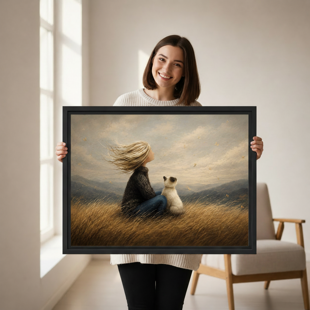 Woman holding painterly girl and cat autumn meadow black framed canvas print in a bright white room