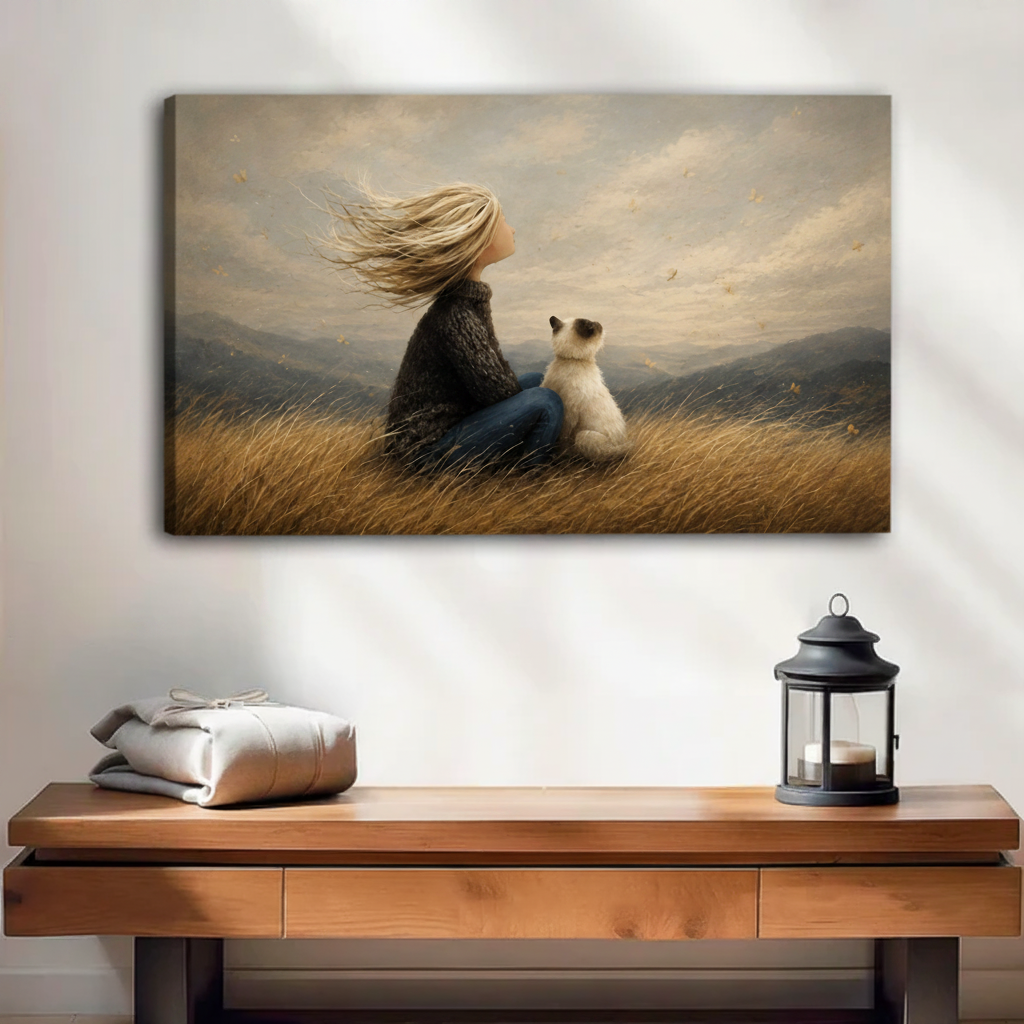 Frameless gallery wrap canvas of girl and cat in golden autumn meadow displayed above a wooden console in a minimal entryway