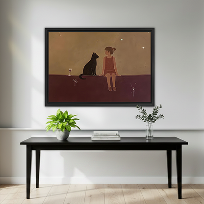 Framed girl and black cat starry night canvas wall art above a black entryway table with plants