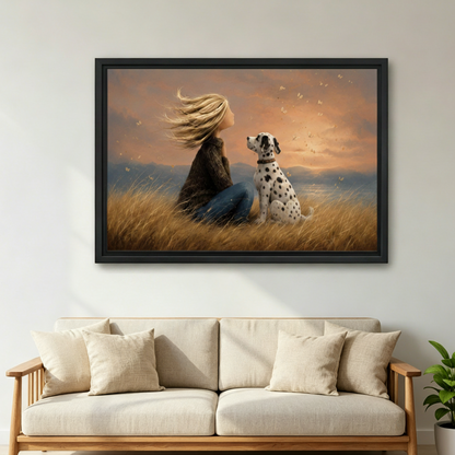 Black framed canvas art print featuring a girl and spotted Dalmatian dog in a dreamy golden meadow at dusk, styled above a neutral linen sofa