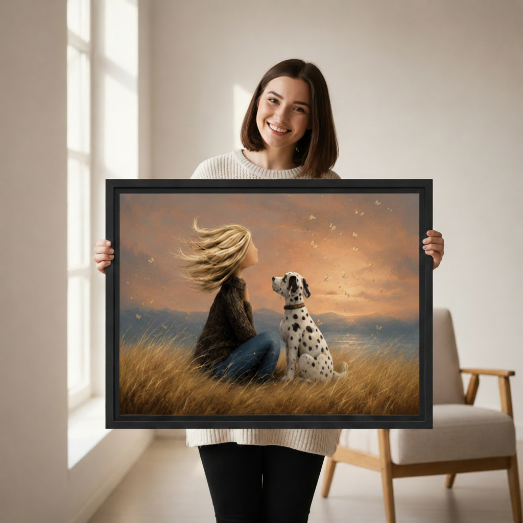 Woman holding a large framed canvas print of a girl and Dalmatian dog in a glowing sunset field, showing print size and framing detail