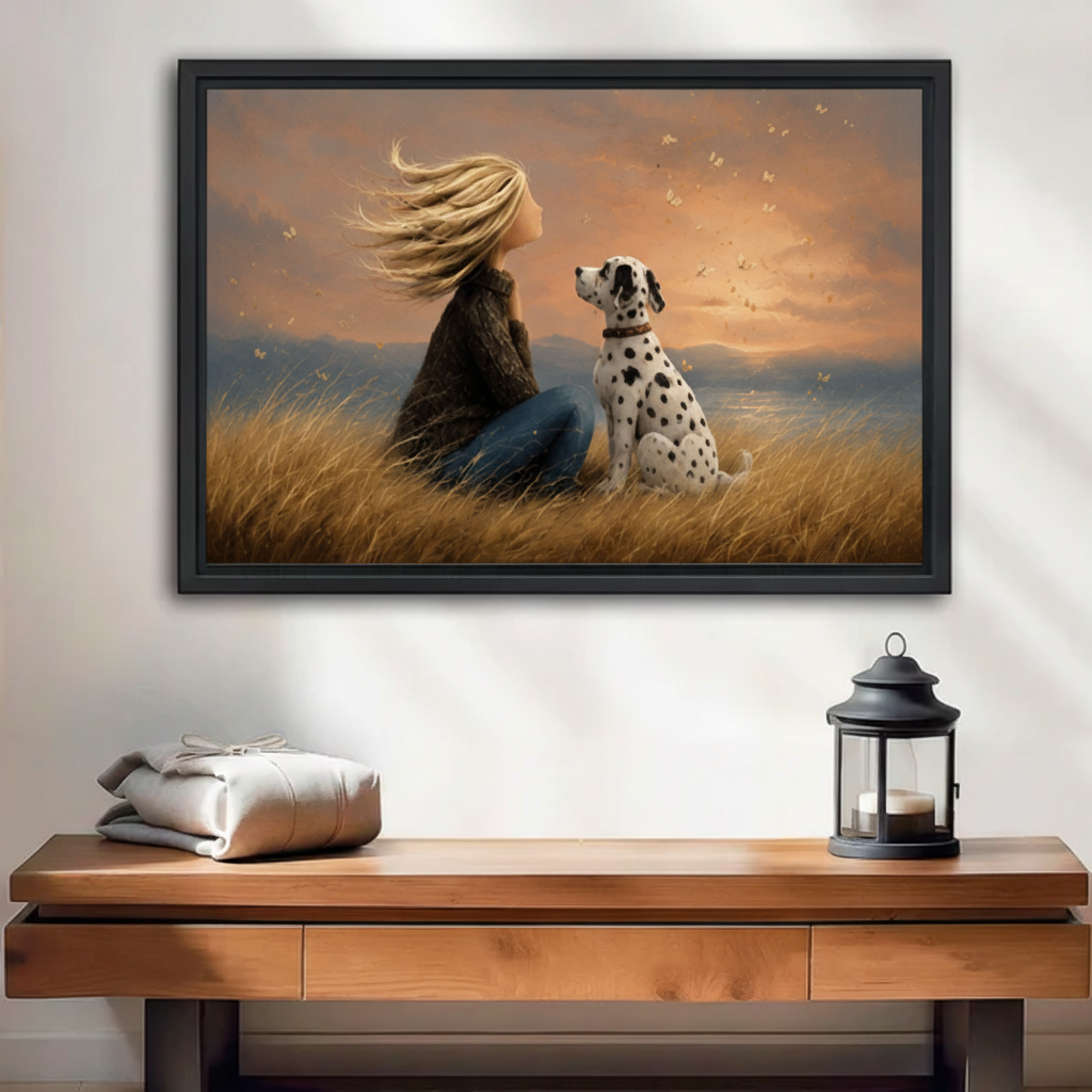 Framed canvas wall art of a girl and Dalmatian dog sitting together in a golden sunset field, displayed above an entryway console table
