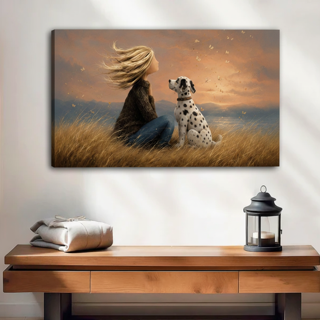 Frameless gallery wrap canvas print of a girl with wind-blown hair and a Dalmatian dog gazing at a warm sunset, hung above a wooden entryway table