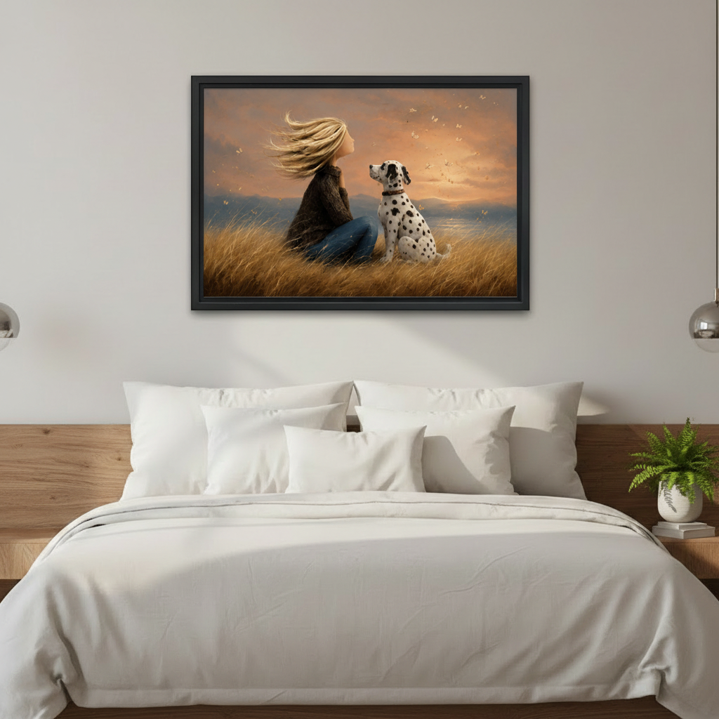 Framed wall art canvas of a girl and Dalmatian dog sitting peacefully in tall golden grass at sunset, displayed above a modern bedroom headboard