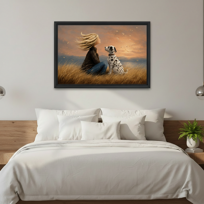 Framed wall art canvas of a girl and Dalmatian dog sitting peacefully in tall golden grass at sunset, displayed above a modern bedroom headboard