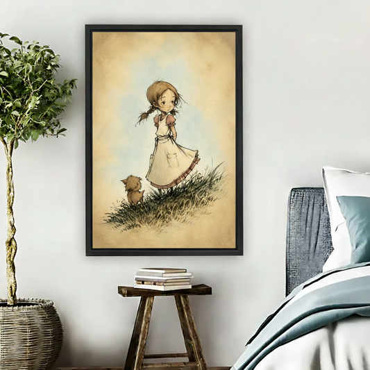 Gallery wrap vintage sketch girl and dog canvas wall art displayed above wooden stool in minimalist bedroom