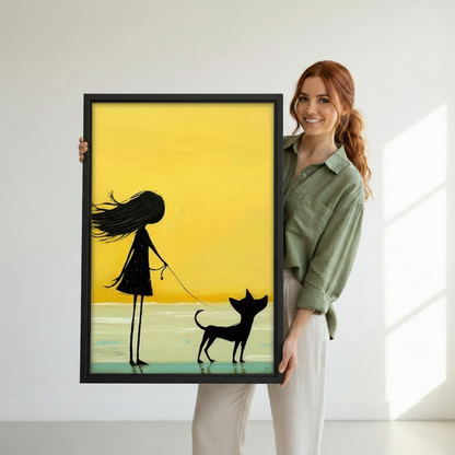 Close-up detail of black silhouette girl with flowing hair walking small dog on yellow background, minimalist canvas print
