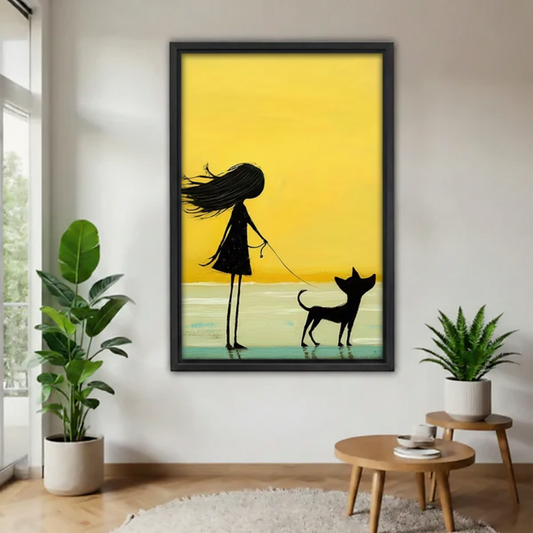 Girl and dog silhouette canvas print in black frame, minimalist yellow wall art in modern living room decor