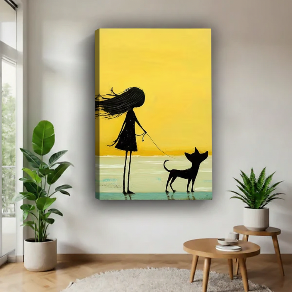 Frameless gallery wrap canvas of girl and dog silhouette on yellow background, minimalist wall art with thick side edges