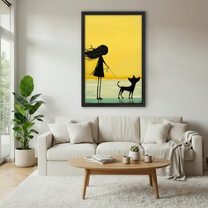 Large black framed girl and dog silhouette canvas print on white wall, minimalist yellow home wall art decor