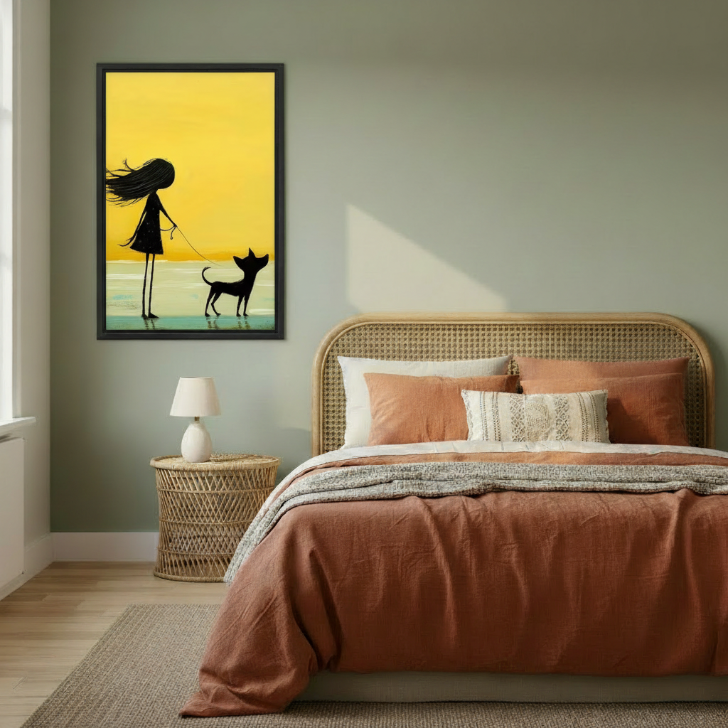 Minimalist girl and dog silhouette canvas print in black frame above rattan bed, yellow wall art bedroom decor