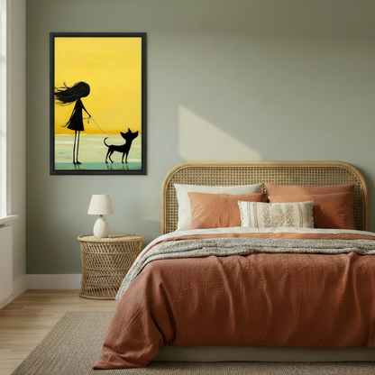 Minimalist girl and dog silhouette canvas print in black frame above rattan bed, yellow wall art bedroom decor