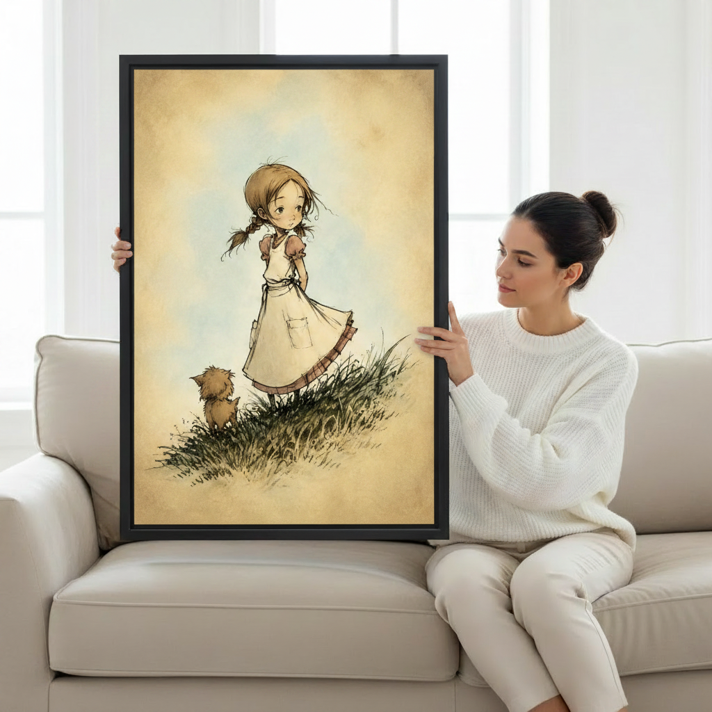 Woman holding vintage sketch girl and dog framed canvas wall art in warm lifestyle setting