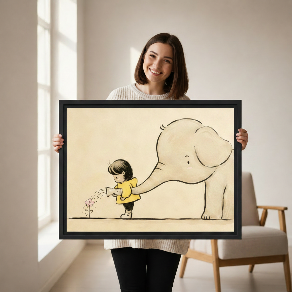 Woman holding a large black framed canvas print of a whimsical girl and elephant watering a flower in minimalist line art style, showing print size in a Scandinavian room