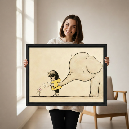 Woman holding a large black framed canvas print of a whimsical girl and elephant watering a flower in minimalist line art style, showing print size in a Scandinavian room