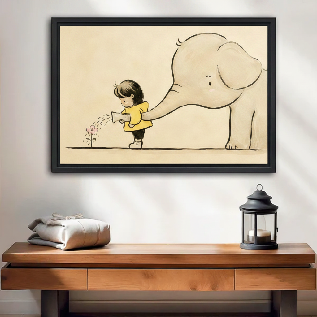 Whimsical line art framed canvas of a little girl in a yellow dress and a baby elephant watering a flower together, displayed above a wooden console table