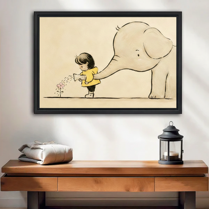Whimsical line art framed canvas of a little girl in a yellow dress and a baby elephant watering a flower together, displayed above a wooden console table