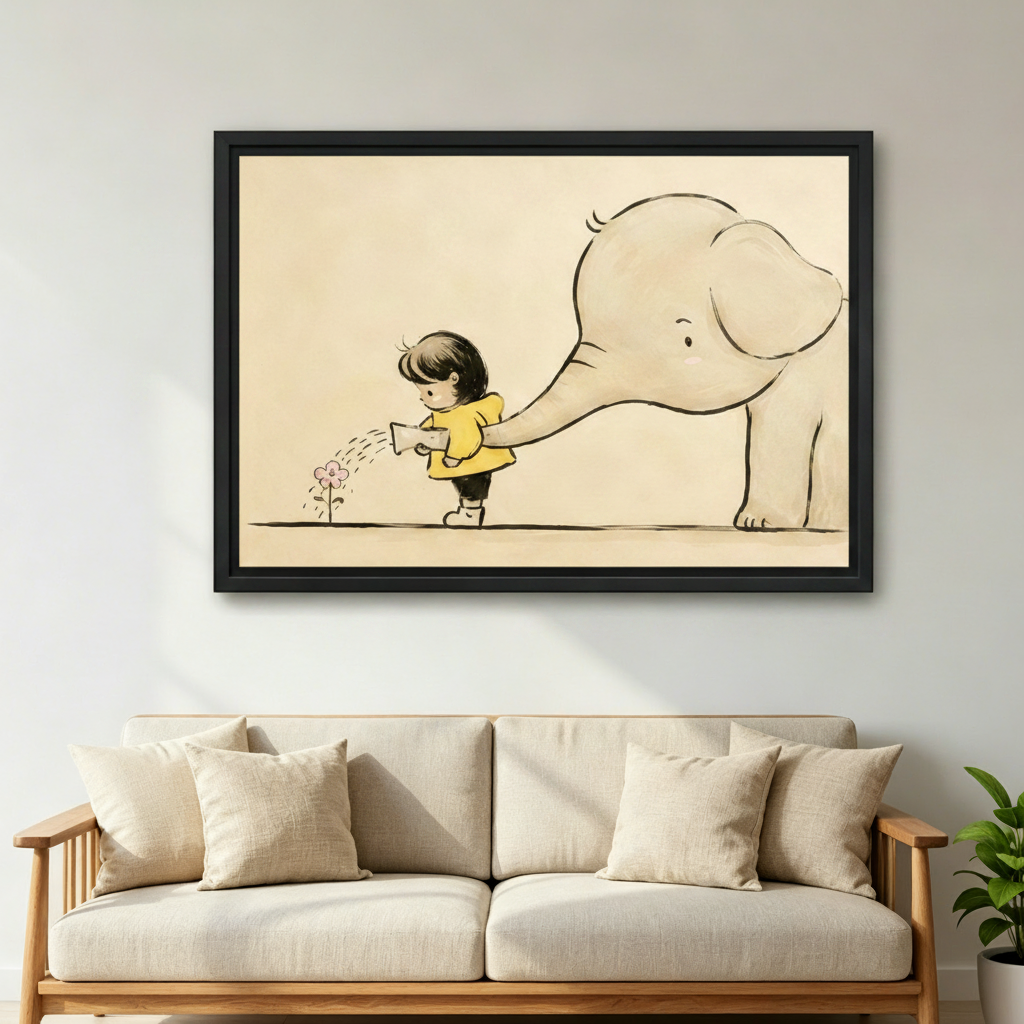 Sweet storybook-style framed wall art of a little girl and a baby elephant watering a small flower, hung above a linen beige sofa in a bright living room