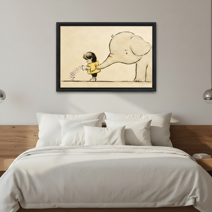 Gentle line drawing framed canvas of a child in yellow and a baby elephant nurturing a flower, displayed above a white linen bed as cozy bedroom wall decor