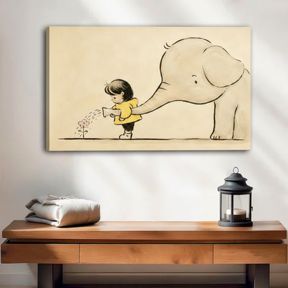 Charming minimalist gallery wrap canvas of a child and baby elephant sharing a watering can to grow a flower, in warm beige sketch style above a wooden console