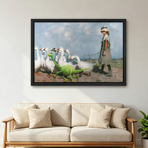 Unframed girl, geese, and dinosaur canvas wall art above a wooden console, depicting a countryside walk with a green dinosaur.