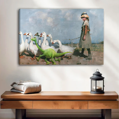 Girl, geese, and dinosaur canvas wall art in a black frame above a white bed with a wooden headboard.