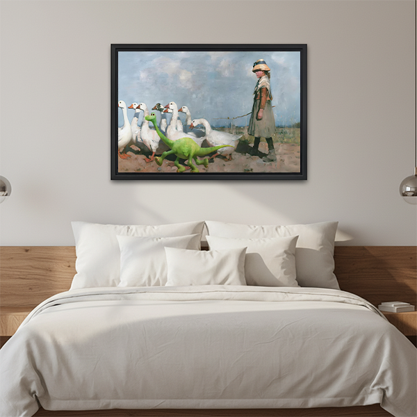 Woman holding black-framed girl, geese, and dinosaur canvas wall art showing white geese and a bright green dinosaur.