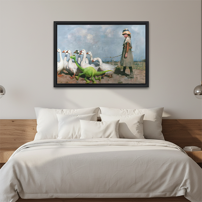Woman holding black-framed girl, geese, and dinosaur canvas wall art showing white geese and a bright green dinosaur.