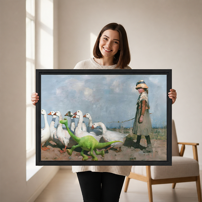 Black-framed girl, geese, and dinosaur canvas wall art with a blue-gray sky displayed above a cream sofa.