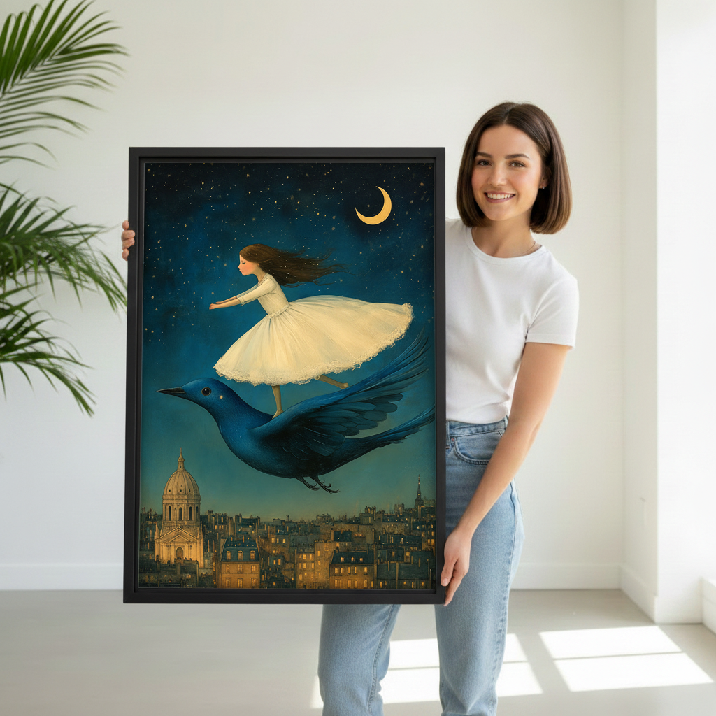 Woman holding large black framed girl and blue bird fantasy canvas print, unique storybook wall art gift