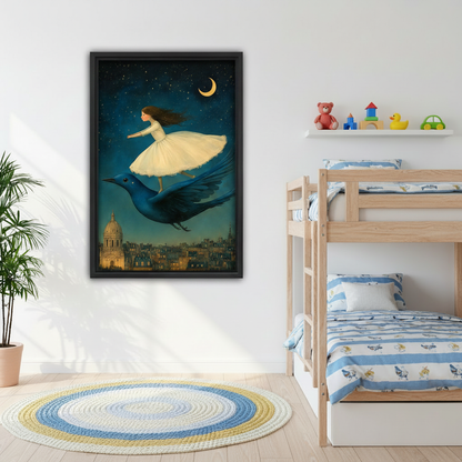 Whimsical girl on blue bird framed canvas print in children's bedroom, dreamy fantasy wall art for kids
