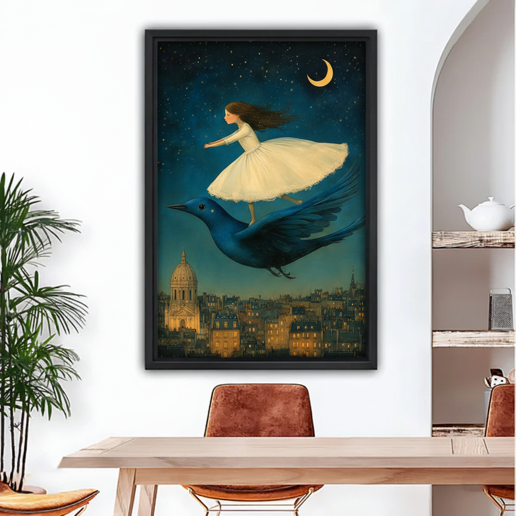 Black framed fantasy canvas wall art of girl riding blue bird over Paris night sky, dining room decor