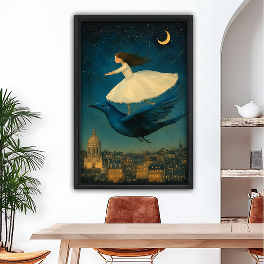 Black framed fantasy canvas wall art of girl riding blue bird over Paris night sky, dining room decor