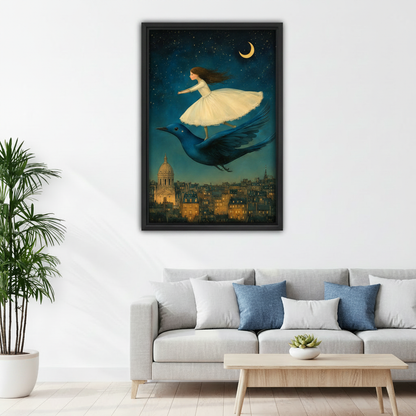 Fantasy girl riding blue bird canvas wall art above gray sofa in modern living room, Paris night sky print