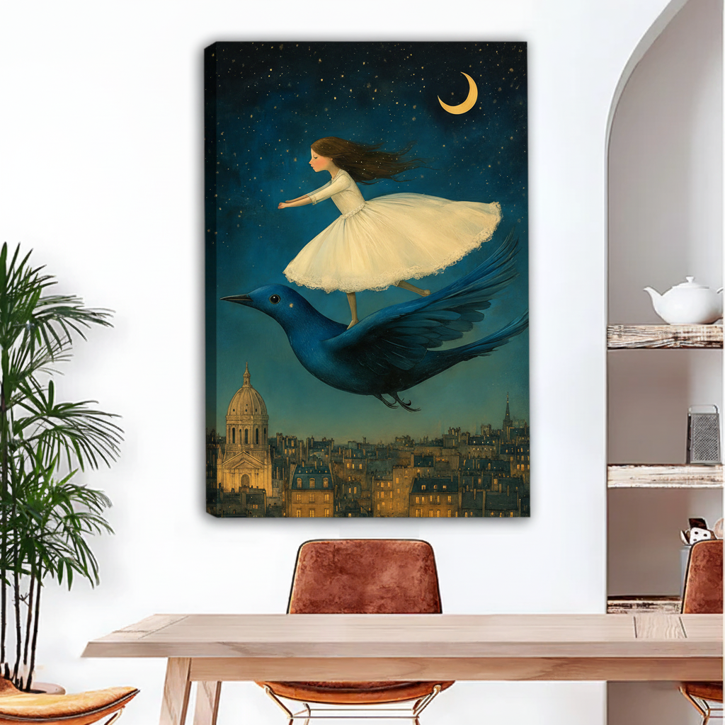 Frameless gallery wrap canvas print of girl flying on blue bird under starry sky, whimsical wall art