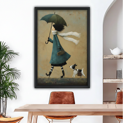 Framed folk art print of a whimsical girl in a teal coat walking a Jack Russell terrier in the wind, displayed above a wooden dining table in a bright modern room