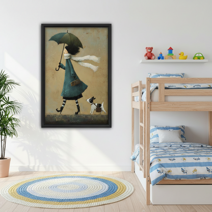 Framed whimsical wall art of a girl in a blue coat holding an umbrella with a Jack Russell dog, styled in a cheerful children's bedroom with bunk beds