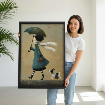 Woman holding a large framed folk art canvas print showing a whimsical girl with teal umbrella and small dog, illustrating print size and black frame detail