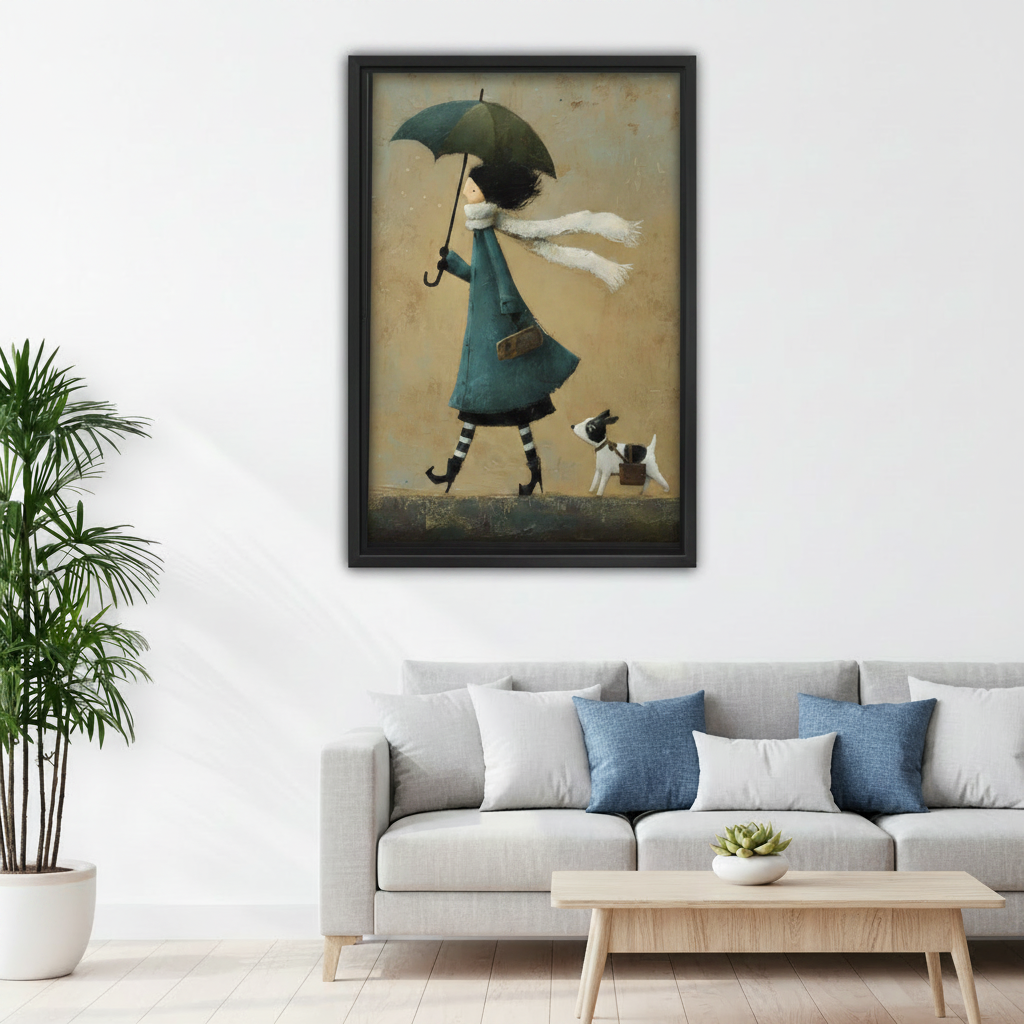 Vintage-style folk art framed print of a wind-swept girl walking her dog in a teal coat, displayed above a light grey sofa in a Scandinavian-inspired living room
